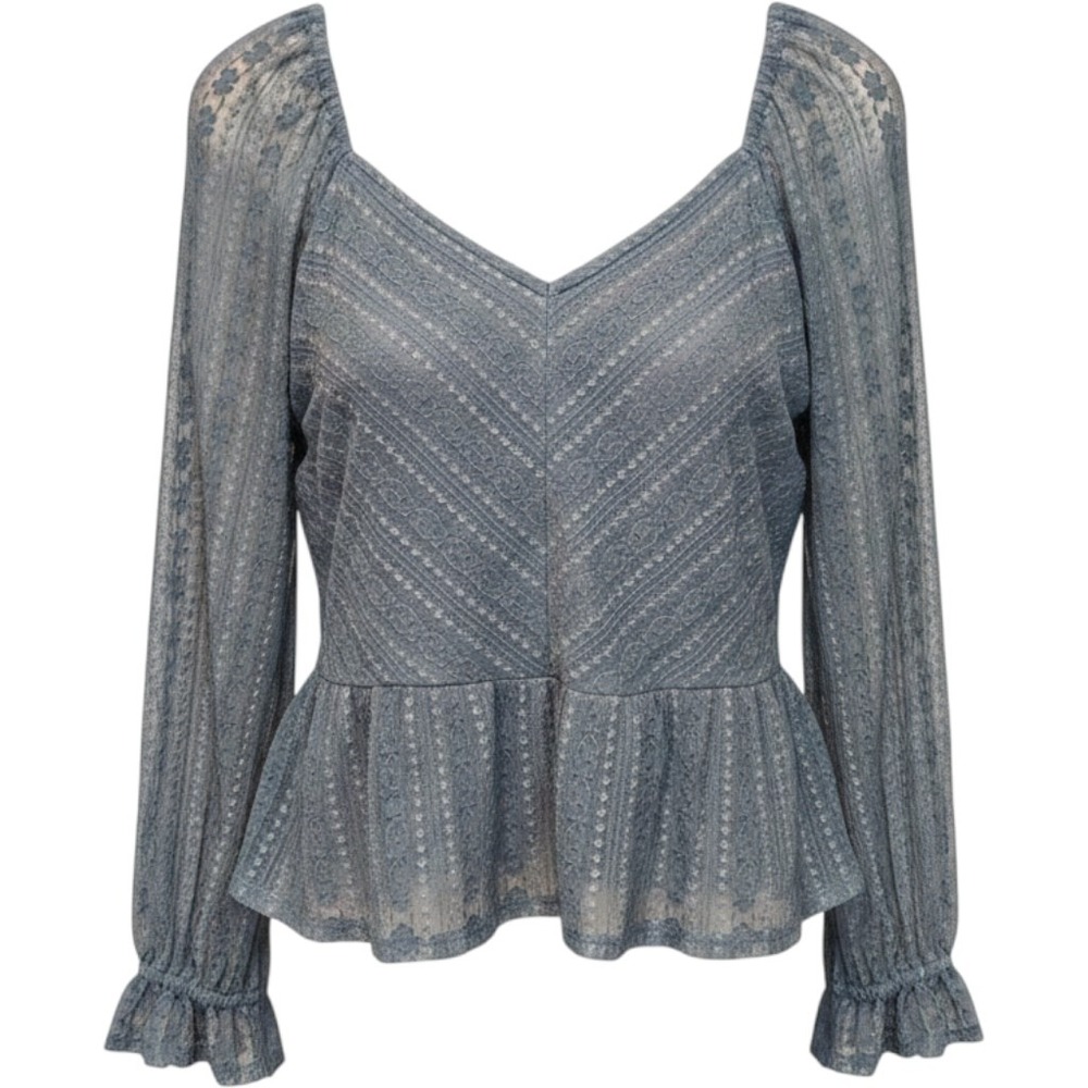 Lauren Conrad Lace Peplum Boho Chic Top Teal Square Neck Puff Sleeve Smocked  S